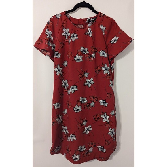 Banana Republic Dress Red Short Sleeve Crew Neck Back Zip Shift Floral - Picture 2 of 7